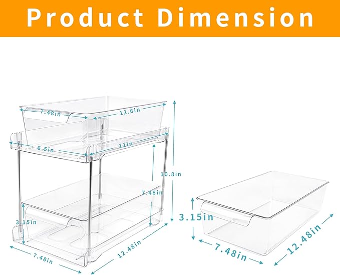 1Pack 2-Tier Bathroom Storage Organizer, Clear Under Sink Organizers Kitchen Vanity Counter Storage Container, Medicine Cabinet Drawers Bins, Pull-Out Organization with Track for Pantry
