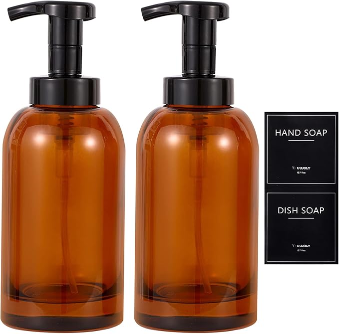 Foaming Hand Soap Dispenser Glass Jar Foam Dish Soap Dispenser for Bathroom and Kitchen Sink, Liquid Pump Bottle for Shampoo, Body Wash, Amber, 2 Pack