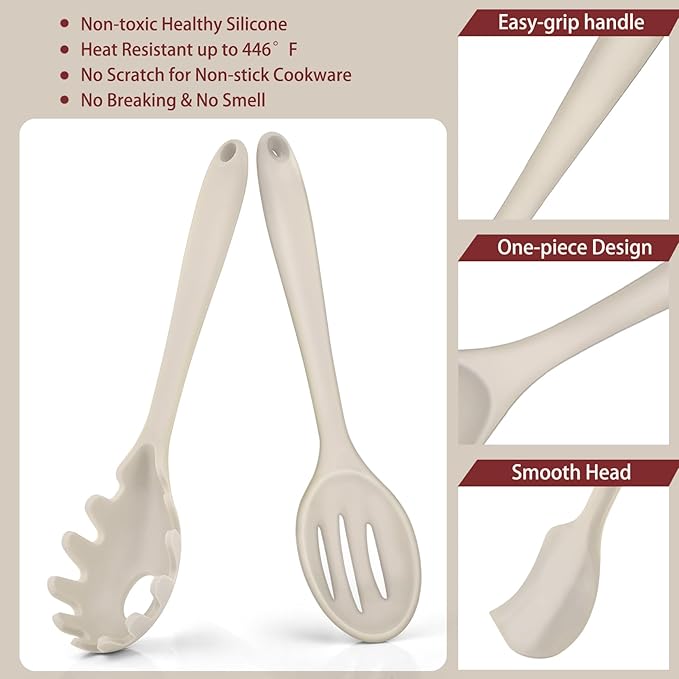 P&P CHEF Silicone Cooking Utensils Set of 7, Heat-proof Kitchen Utensils Set for Nonstick Cookware, Non-stick Spatula, Slotted Turner, Soup Ladle, Pasta Server, Spoon for Cooking Serving - Khaki