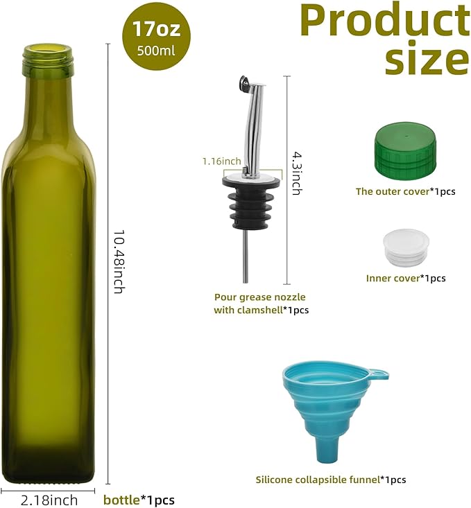 1 Pc 17oz Olive Oil Dispenser Bottle,500ml Glass Oil and Vinegar Dispenser Set with 1 Stainless Steel Pourers,Funnel Oil Bottles for Kitchen (Green)