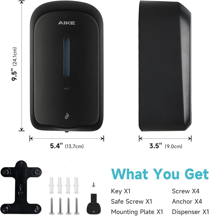 AIKE 33.8oz Automatic Wall Mount Liquid Soap Dispenser with Commercial ABS Construction, Model AK1226S(Black)