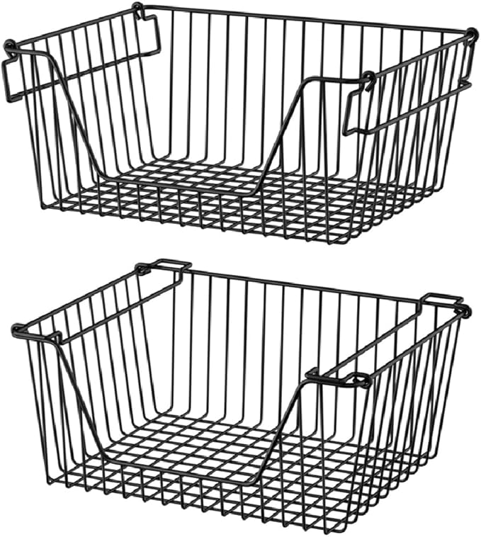 Slideep 14'' Black Stackable Storage Baskets Sturdy Metal Wire Freezer Bins Cabinet Organizer for Pantry Home Bathroom Kitchen Organization- Set of 2