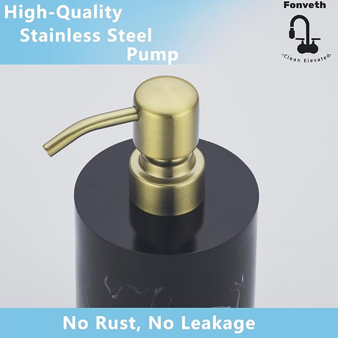 Soap Dispenser Countertop for Bathroom Kitchen, Liquid Hand Soap Dispenser 13.5oz Resin with Brushed Gold Stainless Steel Pump, Lotion Dish Soap Black Marble Bottle