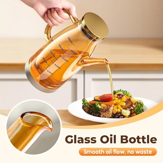PUSKIU Oil Dispenser Bottle with Drip Free Spout, 1000ML Glass, Reusable, Modern, Cooking, Oil Sprayer