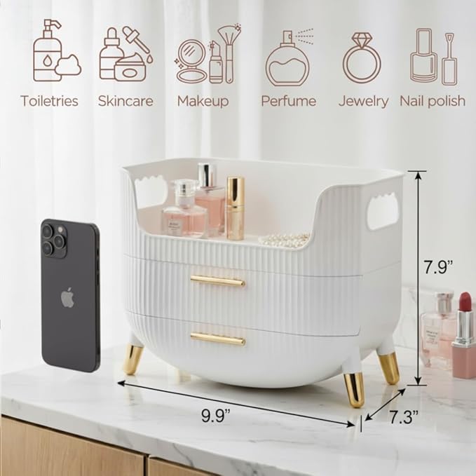 Makeup Organizer with Drawers, Skincare Storage Box for Vanity, White