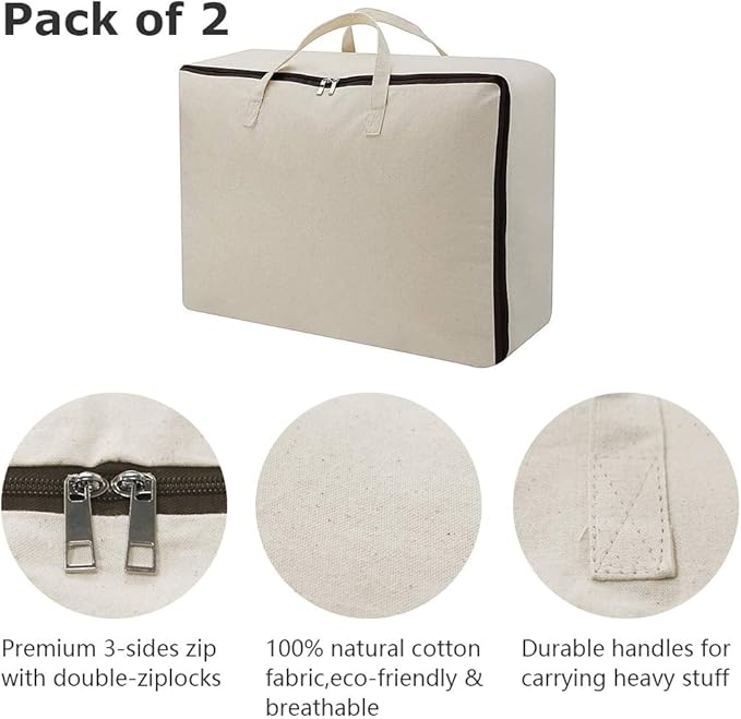 2-Pack Heavy Duty Canvas Cotton Storage Bags for King/Queen Duvets | Soft & Breathable | 3-Zip Opening, Dust Proof Blanket Organizer Bag | 23.6 * 8.7 * 17.7inches