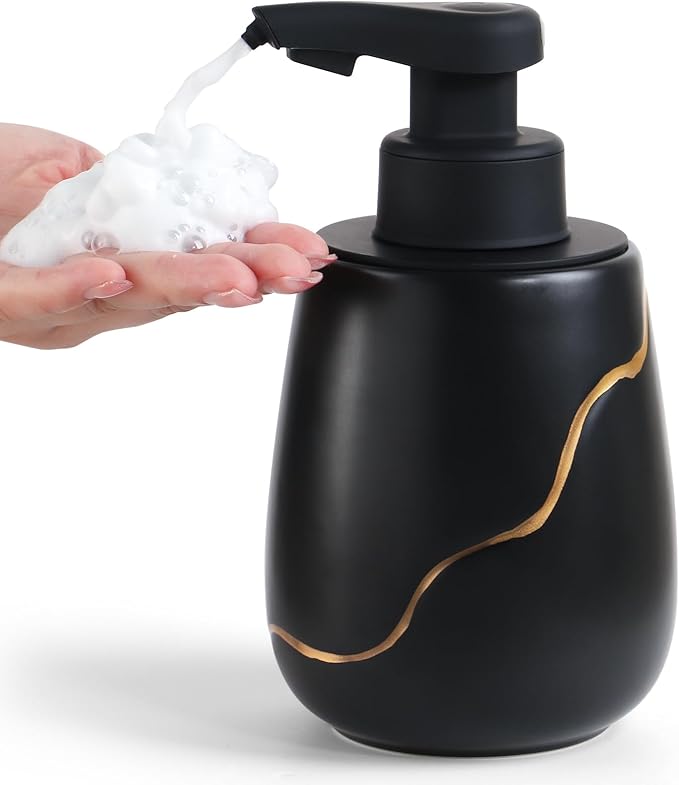 BosilunLife Automatic Foaming Soap Dispenser - Touchless Foam Hand Wash Dispenser for Bathroom Black Ceramic Smart Electric Auto Dish Soap Dispenser Waterproof, USB C Rechargeable, 17 oz/500 ml