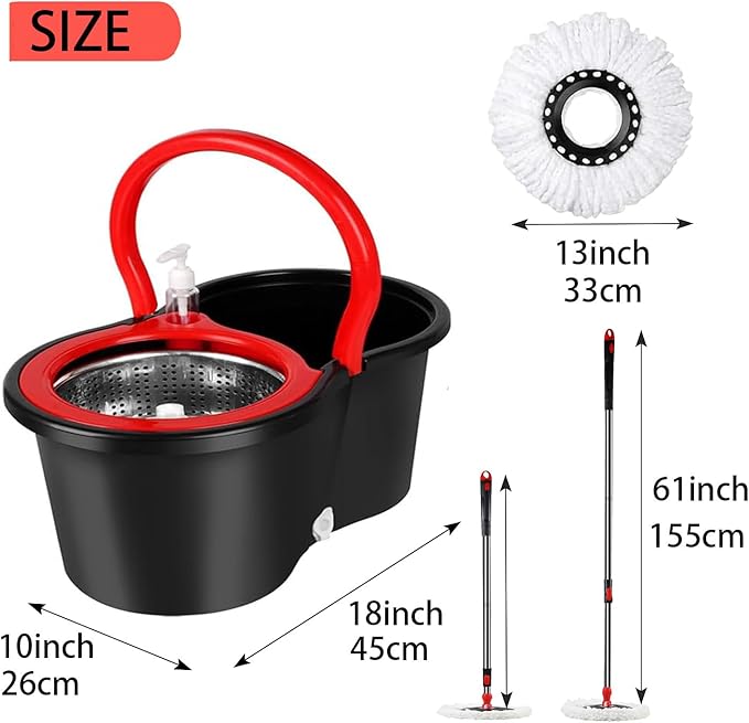 Spin Mop and Bucket Set, 360 Spin Mop and Bucket Stainless Steel,Floor Cleaning System,with 3 Replacement Heads (Black-1)