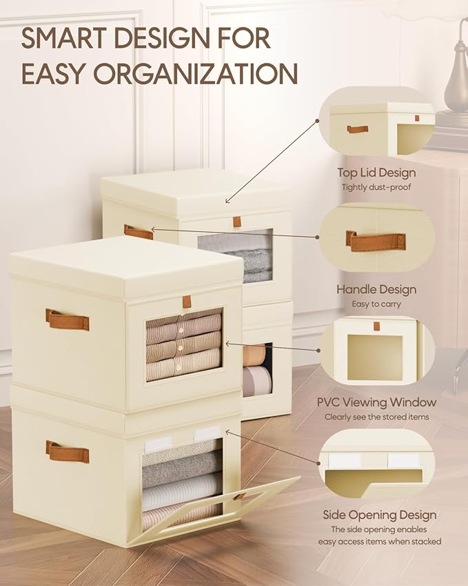 Homsorout Storage Bins with Lid – Closet Organizer with Side Opening and Clear Window, Foldable Stackable Fabric Basket for Clothes, Home, Office - 13.77" x 11.8" x 9.8", 5 Pack, Beige