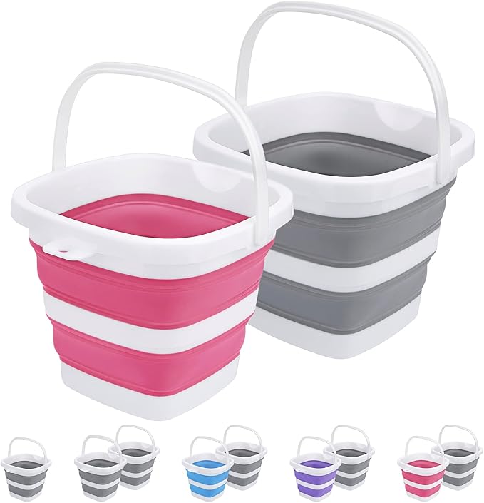 2 Pack Collapsible Buckets 5L 1.3Gallon Small Cleaning Bucket for Household Portable Plastic Bucket Outdoor Car Washing Tub Foldable Camping Beach Sand Water Pot Pail Space Saving Square Grey and Pink