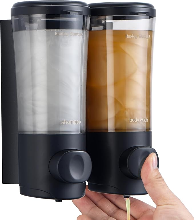 Shampoo and Conditioner Dispenser No Drill Shower Soap Dispenser Wall Mounted Shower Dispenser 2 Chamber with Upgrade Smooth Pump Head Bathroom Body Wash Soap Dispenser Set 450ml*2 Black