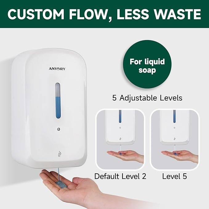 anydry Commercial Automatic Soap Dispenser Large 34oz/1000ml Capacity Wall-Mounted Touchless Liquid Dispenser for High-Traffic Restrooms, Offices, Hospitals Model AD1220S White