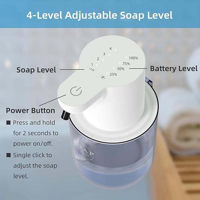 Automatic Foaming Soap Dispenser Touchless Rechargeable 13.53oz/400ml with Wall Mount and 4-Level Adjustable Electric Foam Soap Dispenser, Hand, Hands Free, Bathroom, Kitchen (White)