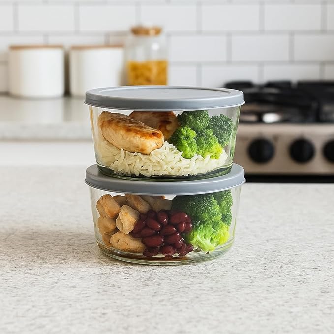 4-Piece Glass Food Storage Containers Set (2 Containers + 2 BPA-Free Lids) | 6.5-Cup, Leakproof | Microwave, Freezer, Oven & Dishwasher Safe | Ideal for Meal Prep & Pantry Organization, Grey