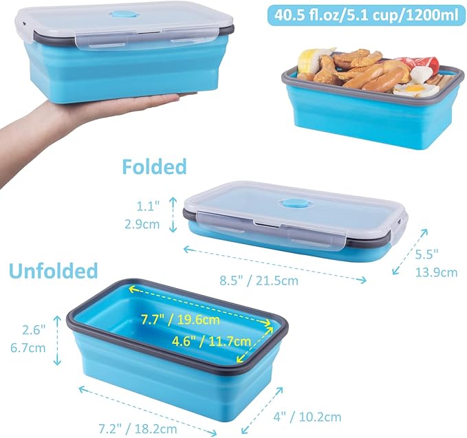 Collapsible Food Storage Containers with Airtight Lid, 40.5 oz, Large Kitchen Stacking Silicone Collapsible Meal Prep Container Set for Leftover