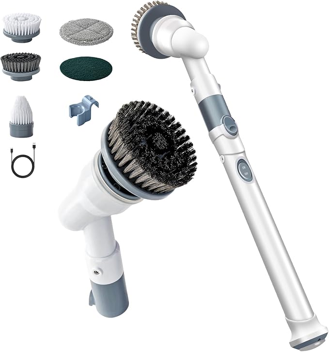 Electric Spin Scrubber,Wire Brush,Waterproof Spin Scrubber with Long Handle, Powerful Motor Cordless Cleaning Brush, Grill Cleaning Brush with Multiple Heads for Sink, Stove, Cabinets, and Kitchen