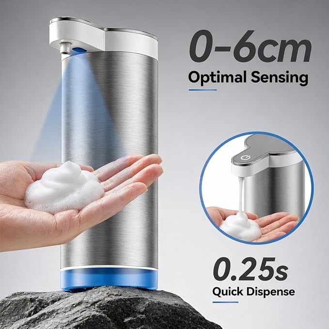 Automatic Foaming Soap Dispenser, 11.8 oz Stainless Steel Touchless Soap Dispenser with Digital Display for Bathroom & Kitchen,4-Level Adjustable Dispensing, IPX5 Waterproof