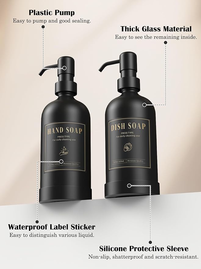 Luxspire Soap Dispenser Set, Hand Soap Dispensers with Fast Drying Tray, 17 oz Glass Refillable Liquid Bottle for Bathroom & Kitchen, Kitchen, 2 Pack, Black + Dark Gray