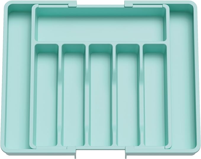 Lifewit Silverware Drawer Organizer, Expandable Utensil Tray for Kitchen, BPA Free Flatware and Cutlery Holder, Adjustable Plastic Storage for Spoons Forks Knives, 13-22 x 15", Turquoise