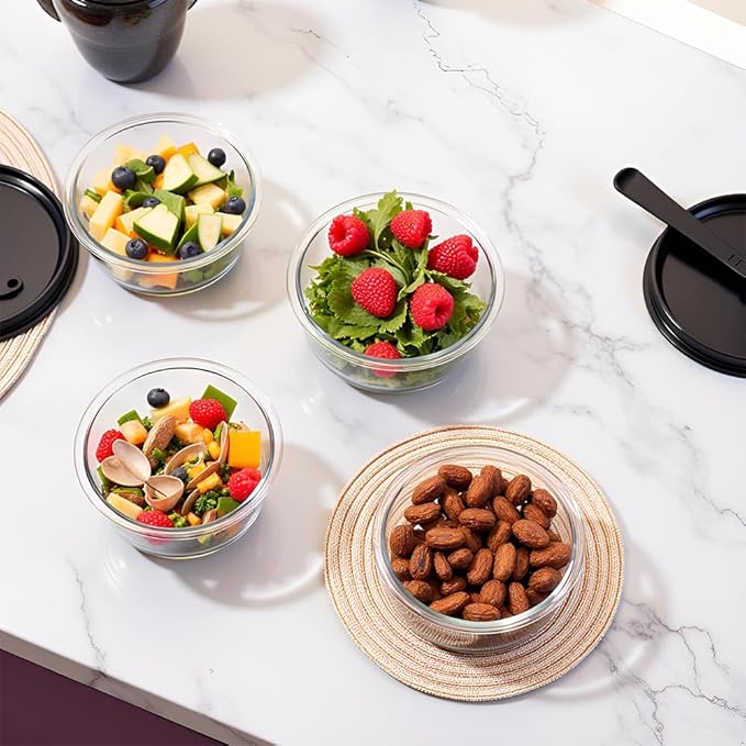1.5 Cup Round Glass Food Containers with Lids and Folding spoon, Round Small Food Containers with lids, 12OZ Glass Lunch Bowls for Office Meals, Microwave, Freezer, Dishwasher Safe (4 Pack)
