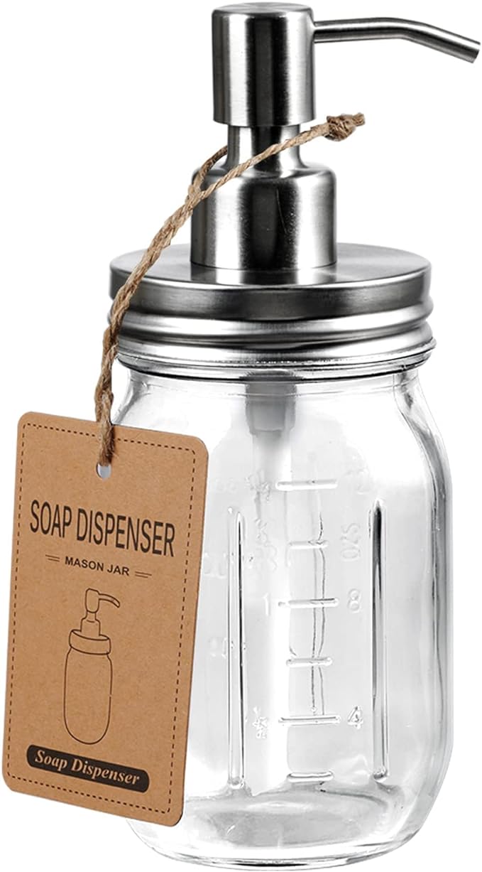Amolliar Mason Jar Soap Dispensers, Rustproof Stainless Steel Lid &Pump, Refillable Wash Hand Soap for Bathroom,Kitchen-Ideal for Dish Soap,Liquid Soap, Lotions,Waterproof Stickers,16OZ Brushed Nickel