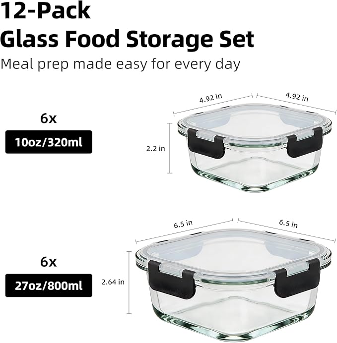 Konokyo Square Glass Food Storage Containers with Lids, 24 Pack Airtight Leakproof Meal Prep Containers, BPA-Free