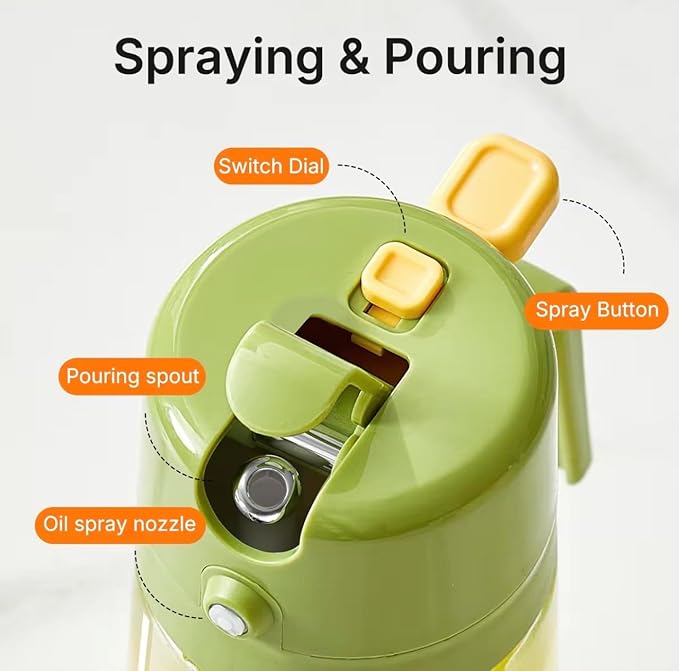 16oz/470ml Glass Olive Oil Sprayer for Cooking with Stickers, 2 in 1 Oil Dispenser for Kitchen Gadgets, Food Grade Premium Spray Bottle with Portion Control for Salad, Frying, BBQ (Green)