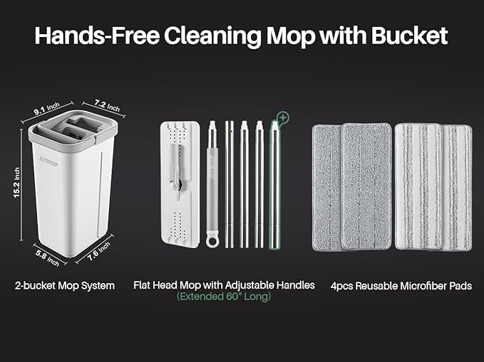 JOYMOOP Mop and Bucket with Wringer Set, Hands Free Flat Floor Mop and Bucket, 60" Mop with 4 Reusable Microfiber Pads, Wet and Dry Use, Floor Cleaning System