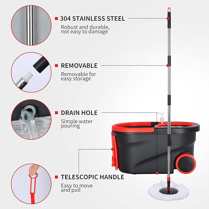 Spin Mop Bucket with Wringer Set, 360° Mop Bucket Floor Cleaning System with 3 Microfiber Replacement Mop Head Refills, 61" Adjustable Stainless Steel Handle, 2X Wheel for Home Cleaning
