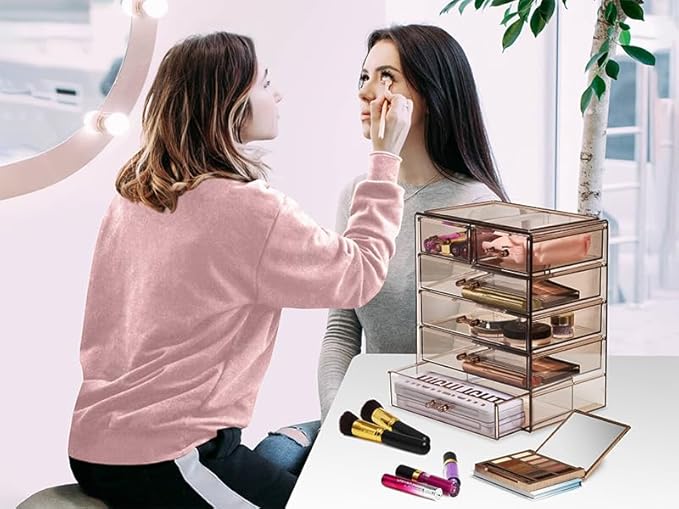 Sorbus Acrylic Makeup Organizer Set, 6-Drawer Vanity & Countertop Cosmetic Storage with Small & Wide Drawers, Bronze Glow Makeup Storage for Brushes