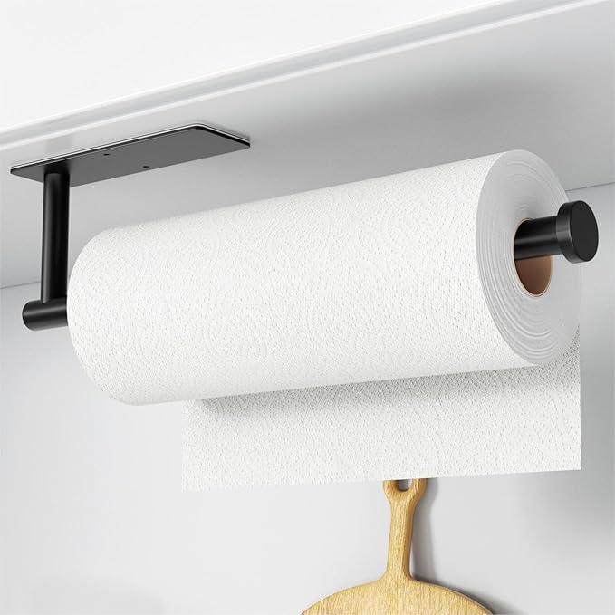 Paper Towel Holder - Self-Adhesive or Drilling, Matte Black Wall Mounted Rack - SUS304 Stainless Steel Kitchen Roll Holder Under Cabinet (2 Pack)