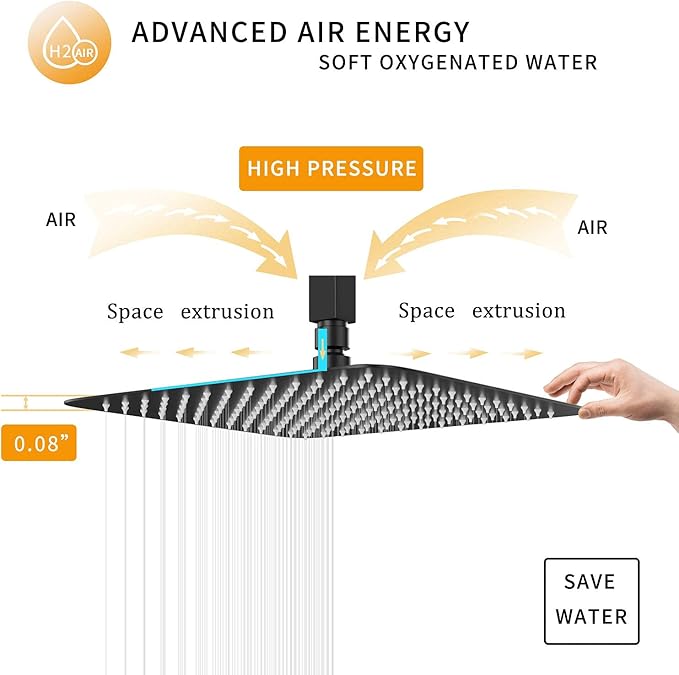 Black Shower Head GGStudy 6 inch Square Rain Shower Heads Stainless Steel High Pressure Ultra Thin Rainfall Bath Shower Self-cleaning Silicone Nozzle