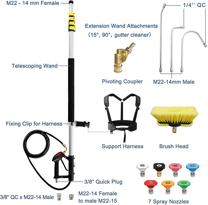 janz 24 FT, Aluminum Telescoping Pressure Washer Wand with 2 Pressure Washer Extension Wands,Gutter Cleaner Attachment, 7 Spray Nozzle Tips