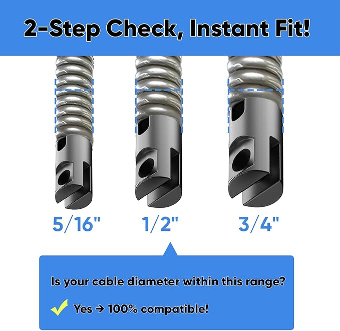 9-Piece Drain Auger Drill Attachment for 5/16”-3/4" Cable, Heavy-Duty Steel Construction, Fits 50FT-100FT Drain Machines,Rust-Resistant for Sink/Shower/Toilet Clogs
