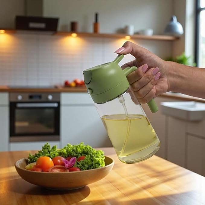 Oil Dispenser, 2 In 1 Cooking Oil Sprayer and Pourer, Non-Drip Spout for Kitchen Oil, Air Fryer, Salad, Grill, 16oz/470ml with clearning brush (Green Cap, Clear Bottle)