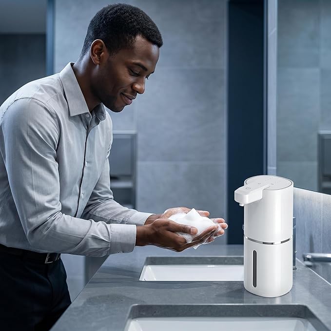 Automatic Touchless Foam Soap Dispenser, 4-Level Adjustable Foam, Continuous Foaming and Self-Cleaning Mode, Type-C Rechargeable, Wall Mount or Countertop (Foam)