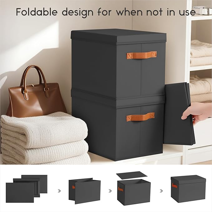 Storage Bins with Lids, Fabric Storage Baskets for Shelves, Black
