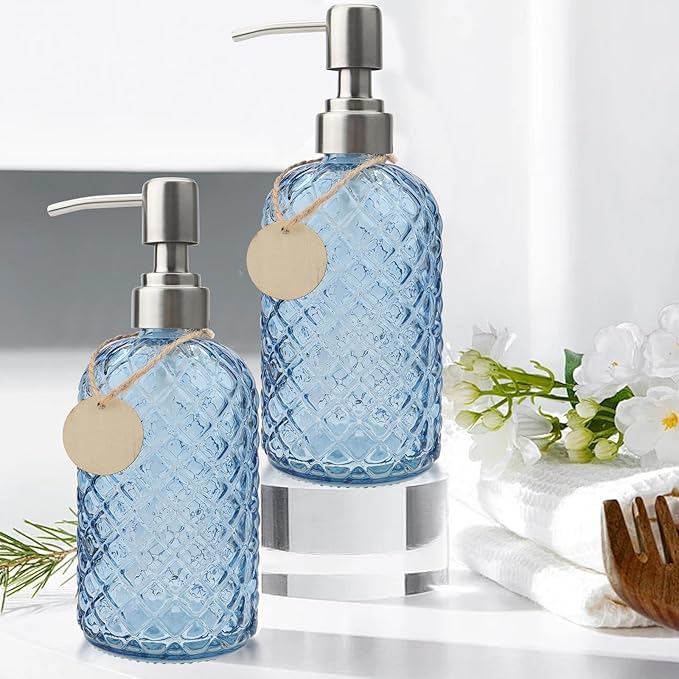 13.5Oz Gem Design Soap Dispenser with Rustproof Stainless Steel Pump for Bathroom and Kitchen, Refillable Liquid Glass Soap Dispenser for Hand Soap, Dish Soap, Lotion (Blue)