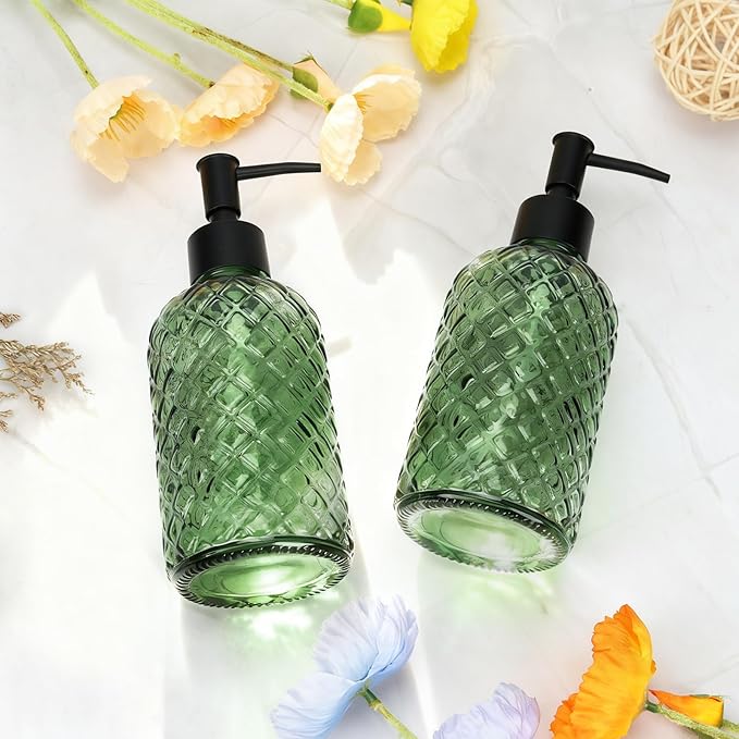 13.5Oz Gem Design Soap Dispenser with Plastic Pump, Refillable Glass Soap Dispenser for Hand Soap, Dish Soap, Lotion (Army Green)