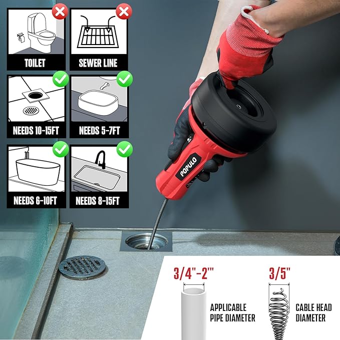 POPULO Auto-Feed 17FT Drain Snake Auger for 3/4"-2" Pipe, Plumbing Snake Drain Auger with Drill Adapter, Sink Snake Drain Hair Remover for Kitchen