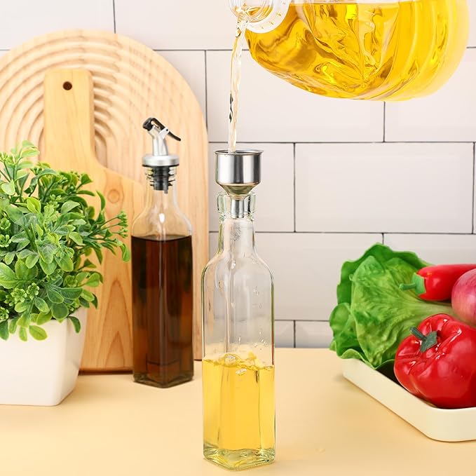 Hushee 12 Pcs Clear Glass Olive Oil Dispenser Bottles Sets Include 8oz Glass Bottle with Spout Oil Vinegar Cruet Container for Kitchen Stainless Steel Funnel Black Labels with White Pen(Silver)
