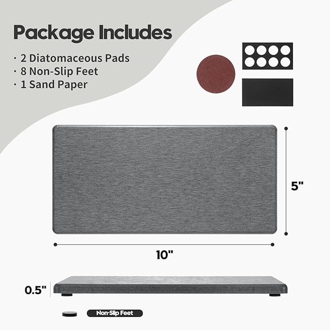 2PCS 10"x 5" Large Bathroom Sink Vanity Trays, Water Absorbing Diatomite Stone Quick Drying Mat for Kitchen Counter, Dish Rack Dispensers Sponge Holder Caddy Organizer, Dark Gray,