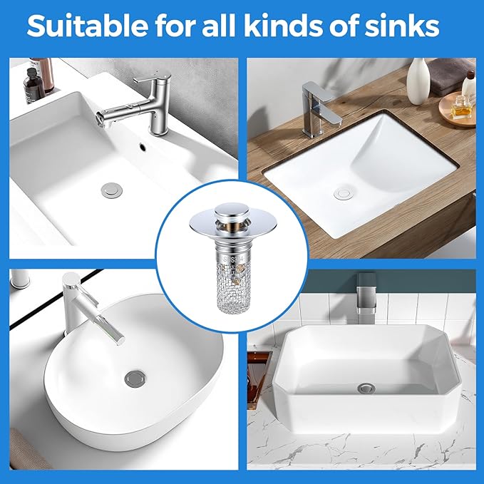 Bathroom Sink Stopper Hair Catcher, Pop-up Sink Drain Strainer with Removable 304 Stainless Steel Strainer Basket Hair Catcher