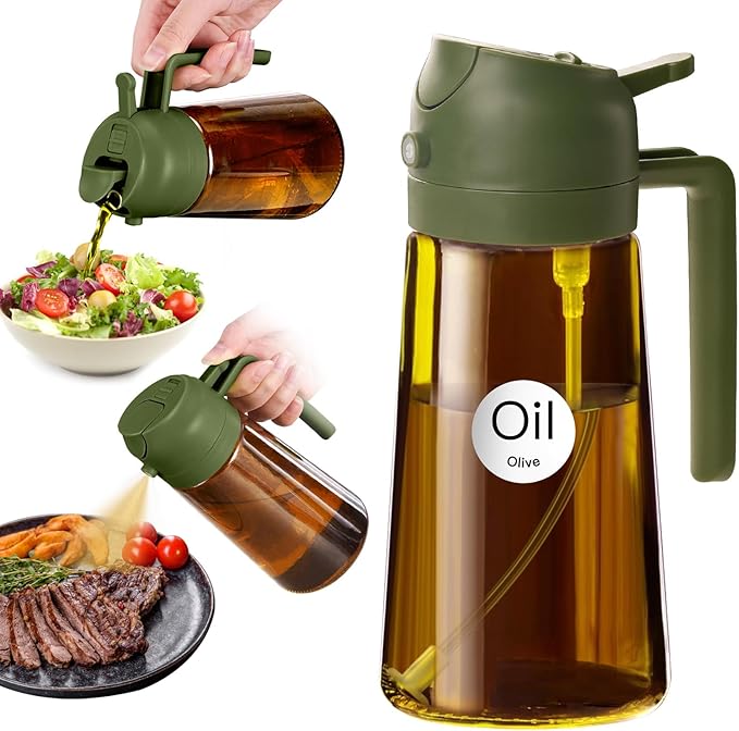 YARRAMATE 16oz/470ml Dark Brown Oil Sprayer for Cooking with Stickers, Food-grade Premium 2 in 1 Olive Oil Dispenser Bottle for Kitchen Gadgets, Air Fryer, Salad, Frying, BBQ (OliveGreen)