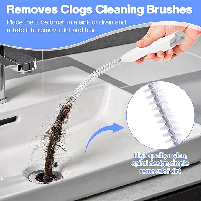 Upgraded Pipe Cleaner Brush, 24.8” Flexible Drain Cleaning Tool for Sink Overflow & Sewer, Bendable Long Brush with Forceps to Catch Hair & Debris
