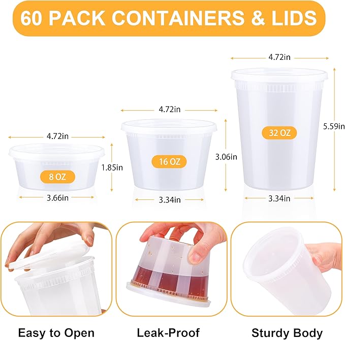 BYSNOW 60 Sets Deli Containers with Lids, 32/16/8 oz X 20 Set Each, Leak-Proof & BPA Free Airtight Stackable Takeout Plastic Food Storage Containers