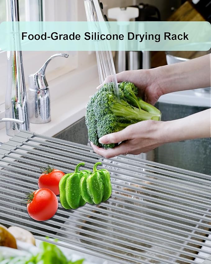 Roll Up Dish Drying Rack Over Sink, 20.47" x 12.99" Foldable Silicone Wrapped Stainless Steel Over The Sink Dish Drying Rack, Grey