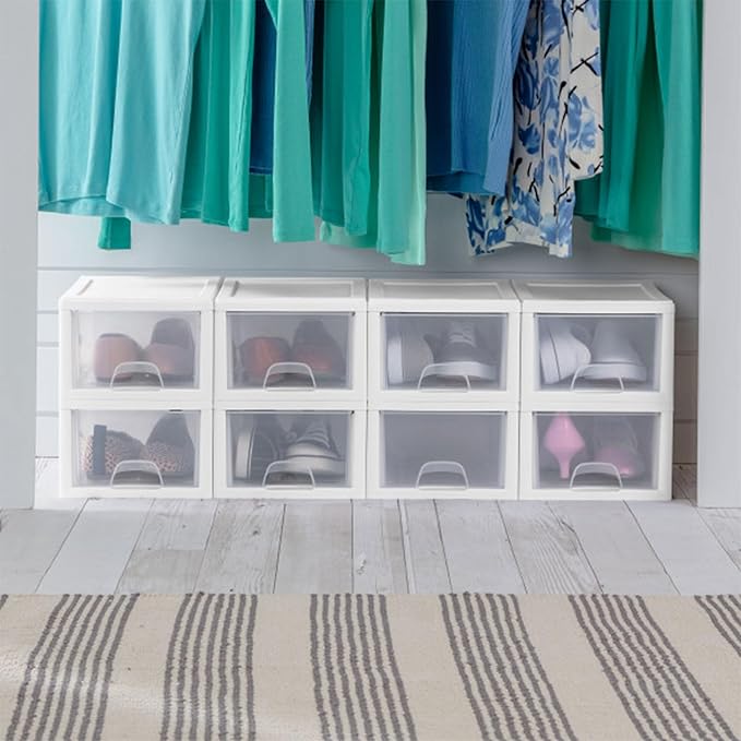 6-Pack Stacking Drawer, Clear Storage Closet Organizer, 6 Quart, White Frame