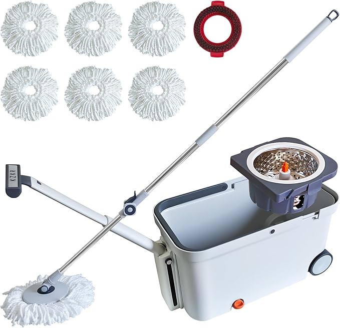 KZKR Spin Mop and Bucket with Wringer Set on Wheels, 180° Spinning Mop Bucket System with 6 Washable Microfiber Replacement Mop Pad Heads Refill, Adjustable Handle for Floor Cleaning Home