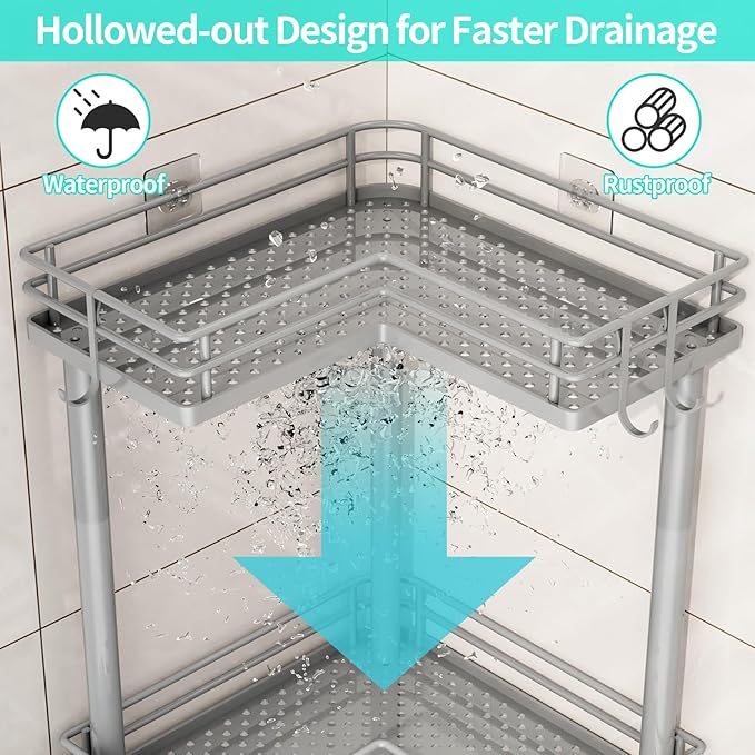 HapiRm Corner Shower Caddy Standing - 3 Tier Shower Organizer Corner with Soap Holder, Rustproof Bathroom Standing Organizer with 4 Hooks, Grey